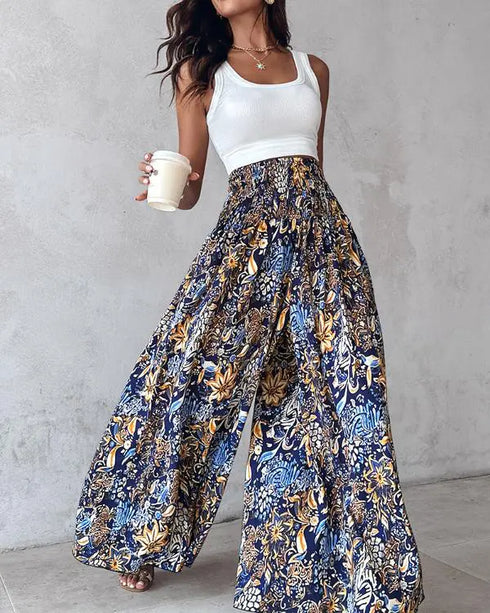 Boho Floral Print Shirred High Waist Wide Leg Pants blue