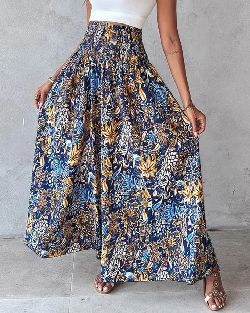 Boho Floral Print Shirred High Waist Wide Leg Pants blue