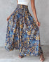Boho Floral Print Shirred High Waist Wide Leg Pants blue
