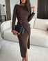 Long Sleeve Ruched Waist Metal Button Decor Bodycon Dress Casual Slit Slim Fit Midi Dress coffee