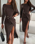Long Sleeve Ruched Waist Metal Button Decor Bodycon Dress Casual Slit Slim Fit Midi Dress coffee