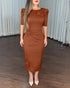 3D Flower Decor Round Neck Puff Sleeve Bodycon Dress Casual Ruched Slit Zipper Back Work Dress brown