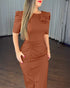 3D Flower Decor Round Neck Puff Sleeve Bodycon Dress Casual Ruched Slit Zipper Back Work Dress brown