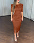 3D Flower Decor Round Neck Puff Sleeve Bodycon Dress Casual Ruched Slit Zipper Back Work Dress brown
