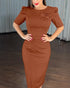 3D Flower Decor Round Neck Puff Sleeve Bodycon Dress Casual Ruched Slit Zipper Back Work Dress brown