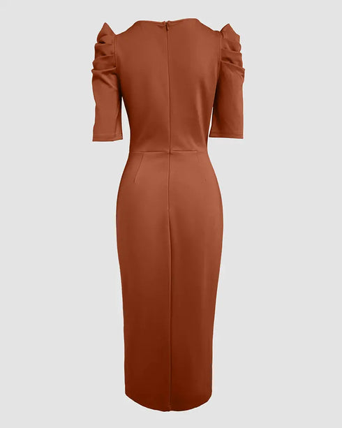 3D Flower Decor Round Neck Puff Sleeve Bodycon Dress Casual Ruched Slit Zipper Back Work Dress brown