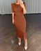 3D Flower Decor Round Neck Puff Sleeve Bodycon Dress Casual Ruched Slit Zipper Back Work Dress brown