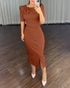 3D Flower Decor Round Neck Puff Sleeve Bodycon Dress Casual Ruched Slit Zipper Back Work Dress brown