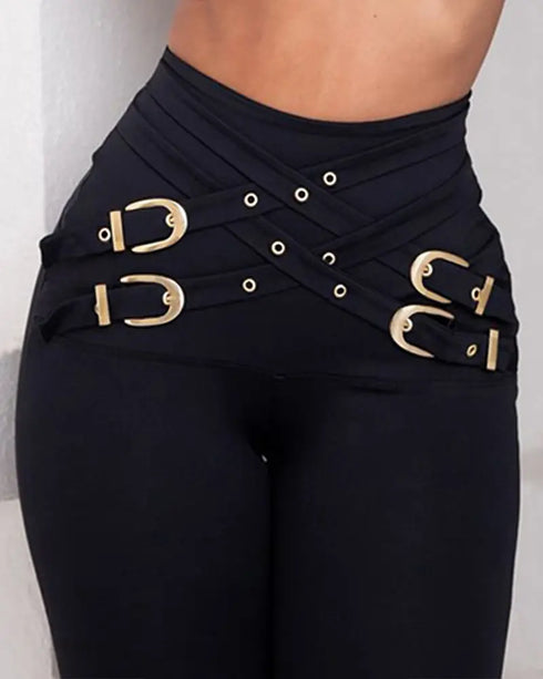 Criss Cross Buckled Decor High Waist Skinny Pants black