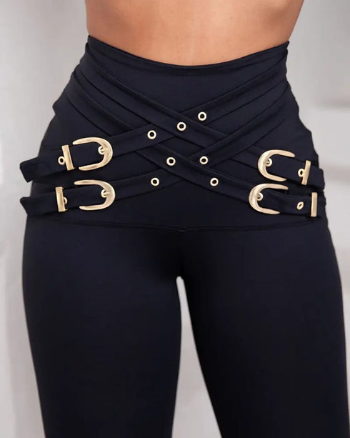 Criss Cross Buckled Decor High Waist Skinny Pants black