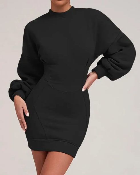 Lantern Sleeve Bodycon Pullover Sweatshirt Dress Crew Neck Mini Dress black