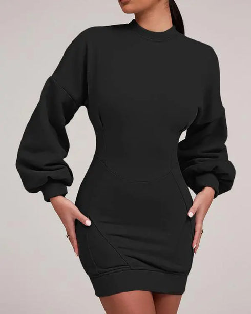Lantern Sleeve Bodycon Pullover Sweatshirt Dress Crew Neck Mini Dress black