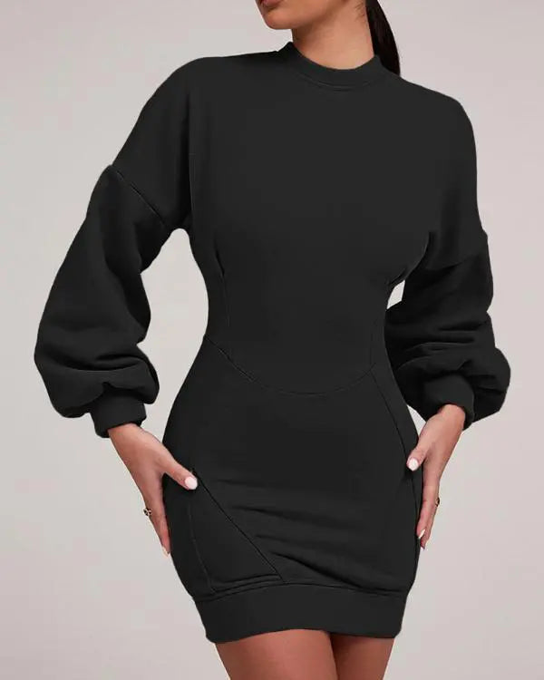 Lantern Sleeve Bodycon Pullover Sweatshirt Dress Crew Neck Mini Dress black