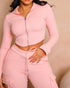 Zipper Design Crop Hoodie & Drawstring V-cut Waistline Cargo Joggers Sweatpants Set pink