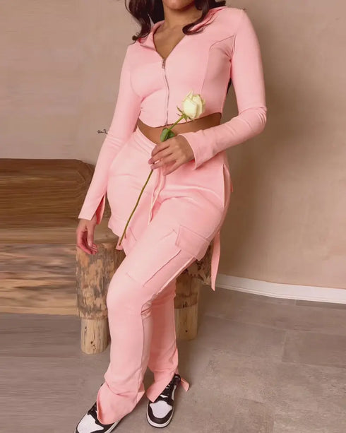 Zipper Design Crop Hoodie & Drawstring V-cut Waistline Cargo Joggers Sweatpants Set pink