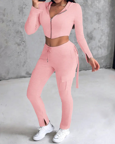 Zipper Design Crop Hoodie & Drawstring V-cut Waistline Cargo Joggers Sweatpants Set pink