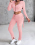 Zipper Design Crop Hoodie & Drawstring V-cut Waistline Cargo Joggers Sweatpants Set pink