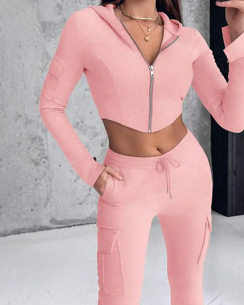 Zipper Design Crop Hoodie & Drawstring V-cut Waistline Cargo Joggers Sweatpants Set pink