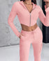 Zipper Design Crop Hoodie & Drawstring V-cut Waistline Cargo Joggers Sweatpants Set pink