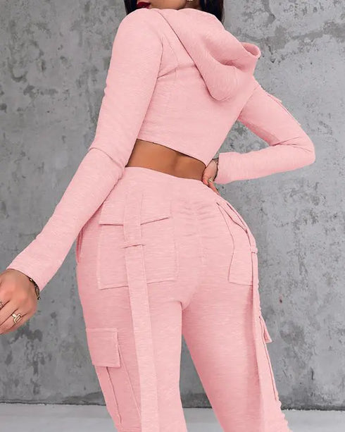 Zipper Design Crop Hoodie & Drawstring V-cut Waistline Cargo Joggers Sweatpants Set pink