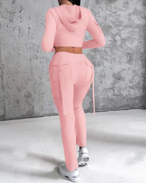 Zipper Design Crop Hoodie & Drawstring V-cut Waistline Cargo Joggers Sweatpants Set pink