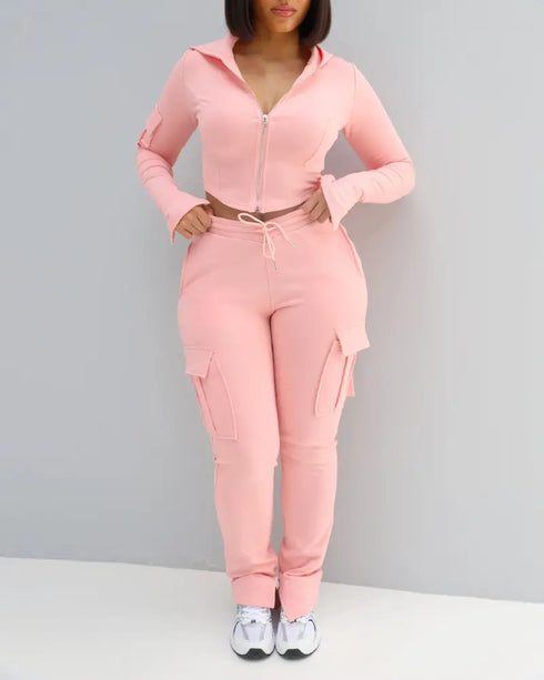 Zipper Design Crop Hoodie & Drawstring V-cut Waistline Cargo Joggers Sweatpants Set pink