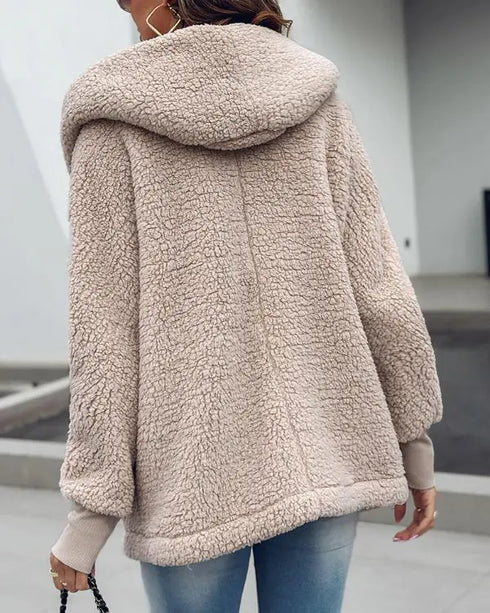 Button Front Pockets Design Hoodie Faux Shearling Coat Apricot