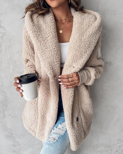 Button Front Pockets Design Hoodie Faux Shearling Coat Apricot