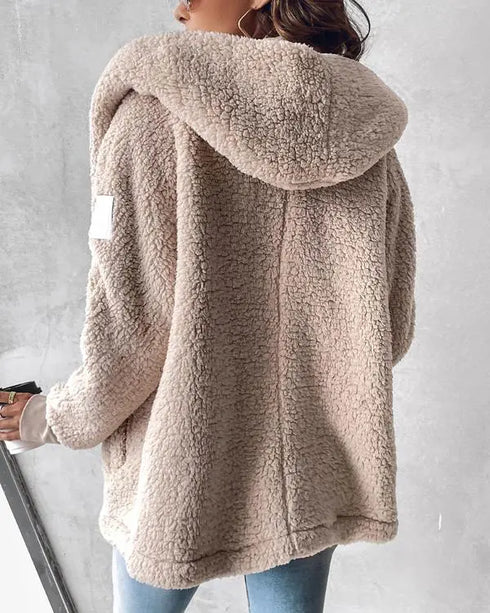 Button Front Pockets Design Hoodie Faux Shearling Coat Apricot