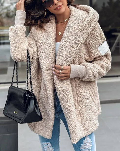 Button Front Pockets Design Hoodie Faux Shearling Coat Apricot
