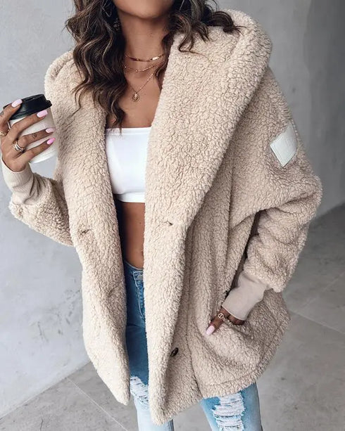 Button Front Pockets Design Hoodie Faux Shearling Coat Apricot