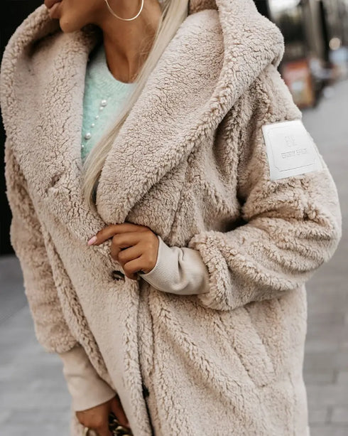 Button Front Pockets Design Hoodie Faux Shearling Coat Apricot