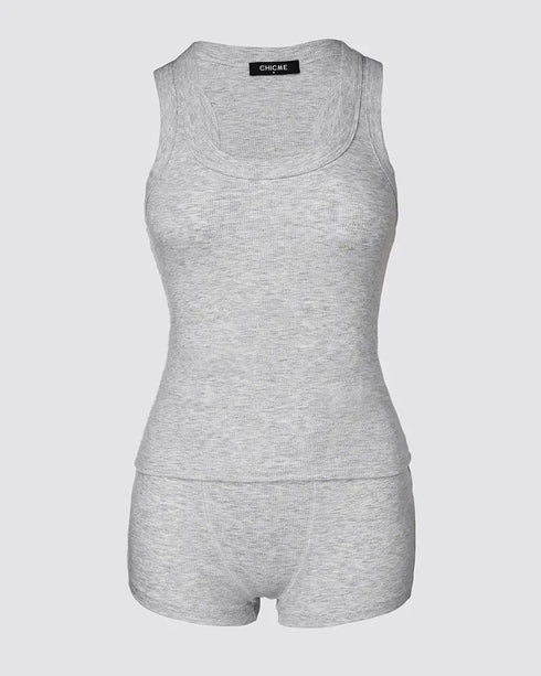2PCS Micro-Ribbed U-Neck Tank Top & Boxer Set Cozy Loungewear light gray