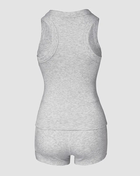 2 Pieces Outfit Ditsy Floral Print U-Neck Tank Top and Elastic Waist Shorts Set Slim Fit Ribbed Set light gray