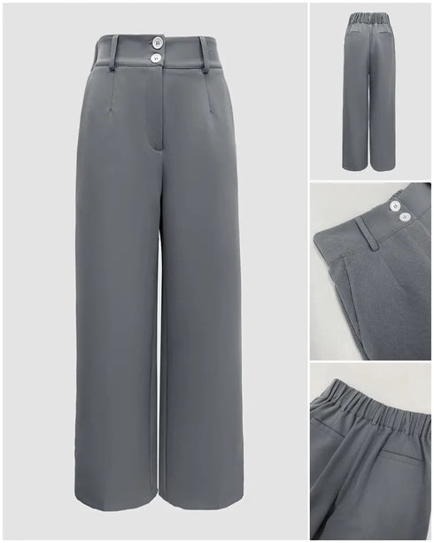 High Waist Zipper Fly Elastic Back Waist Trousers Casual Wide Leg Pants gray