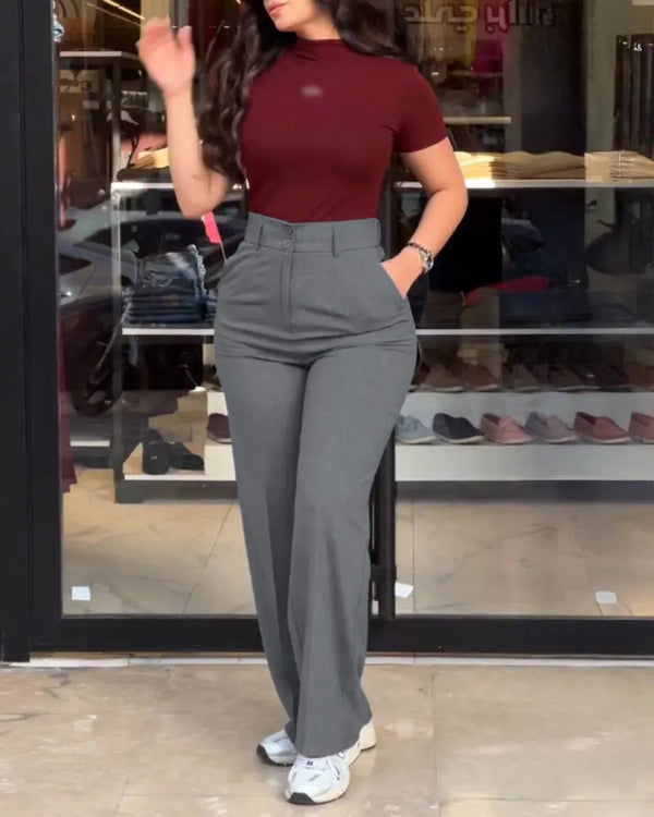 High Waist Zipper Fly Elastic Back Waist Trousers Casual Wide Leg Pants gray