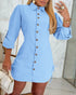 Button Down Shirt Dress Roll Tab Sleeve Side Drawstring Mini Dresses Lighted Blue