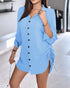 Plaid Pattern Side Drawstring Buttoned Shirt Dress Lighted Blue