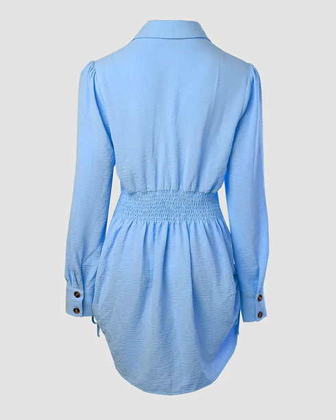 Button Down Shirt Dress Roll Tab Sleeve Side Drawstring Mini Dresses Lighted Blue
