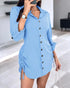 Button Down Shirt Dress Roll Tab Sleeve Side Drawstring Mini Dresses Lighted Blue