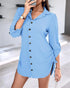 Plaid Pattern Side Drawstring Buttoned Shirt Dress Lighted Blue