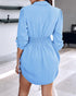 Plaid Pattern Side Drawstring Buttoned Shirt Dress Lighted Blue