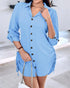 Button Down Shirt Dress Roll Tab Sleeve Side Drawstring Mini Dresses Lighted Blue
