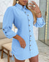 Plaid Pattern Side Drawstring Buttoned Shirt Dress Lighted Blue