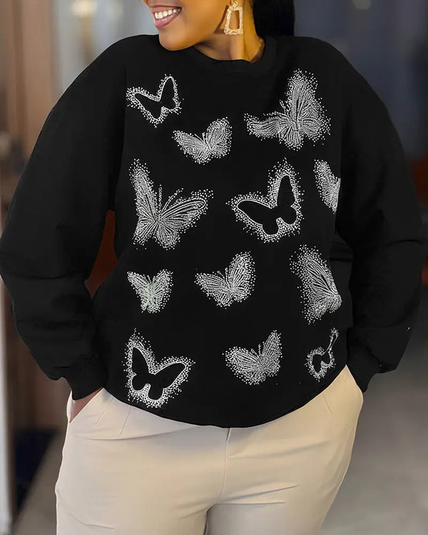 Butterfly Rhinestone Long Sleeve Round Neck Sweatshirt Casual Loose Fit Top black