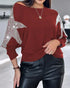 Pullover Knit Sweaters Crewneck Batwing Sleeve Rhinestone Star Pattern Top Wine red