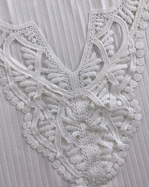 Contrast Lace V Neck Sleeveless Knit Top Casual Slim Fit Tank white