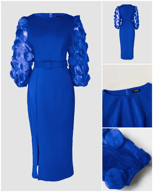 3D Polka Dot Appliques Mesh Lantern Sleeve Zipper Back Slit Work Dress Cinched Waist Slim Fit Mid-Length Dress With Belt blue