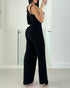 One Shoulder Rhinestone Decor Jumpsuit Casual Long Sleeve Wide Leg Romper black