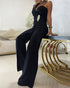 One Shoulder Rhinestone Decor Jumpsuit Casual Long Sleeve Wide Leg Romper black